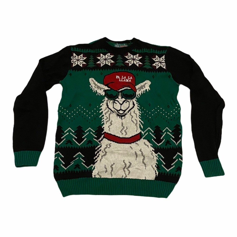 Ugly Christmas Sweater Green Black White Red Llama Crewneck